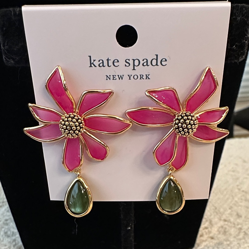kate spade pink floral drop earrings with green teardrops